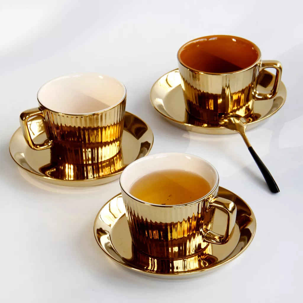 250ml Gold Plated Saucer Set Ceramic Tea Coffee European Style Espresso Office Tumbler Cup Picnic Birthday Wed Anniversary Gift - MY RITA