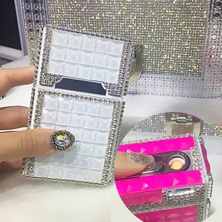 84mm Cigarette Handmade Sticky Rhinestones Metal Cigarettes Case Box With USB Chargeable Lighter And No Lighter For Women - MY RITA
