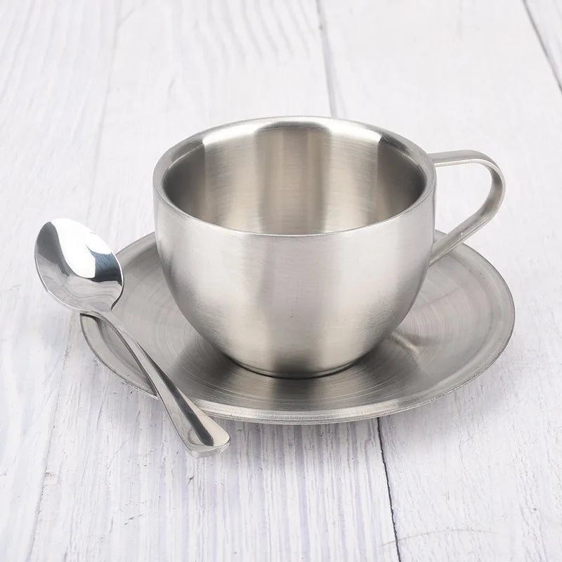 180ml/200ml Coffee Cup Double Layer Hot Resistant Coffee Cup Set Stainless Steel Tea Cup With Plate and Spoon - MY RITA