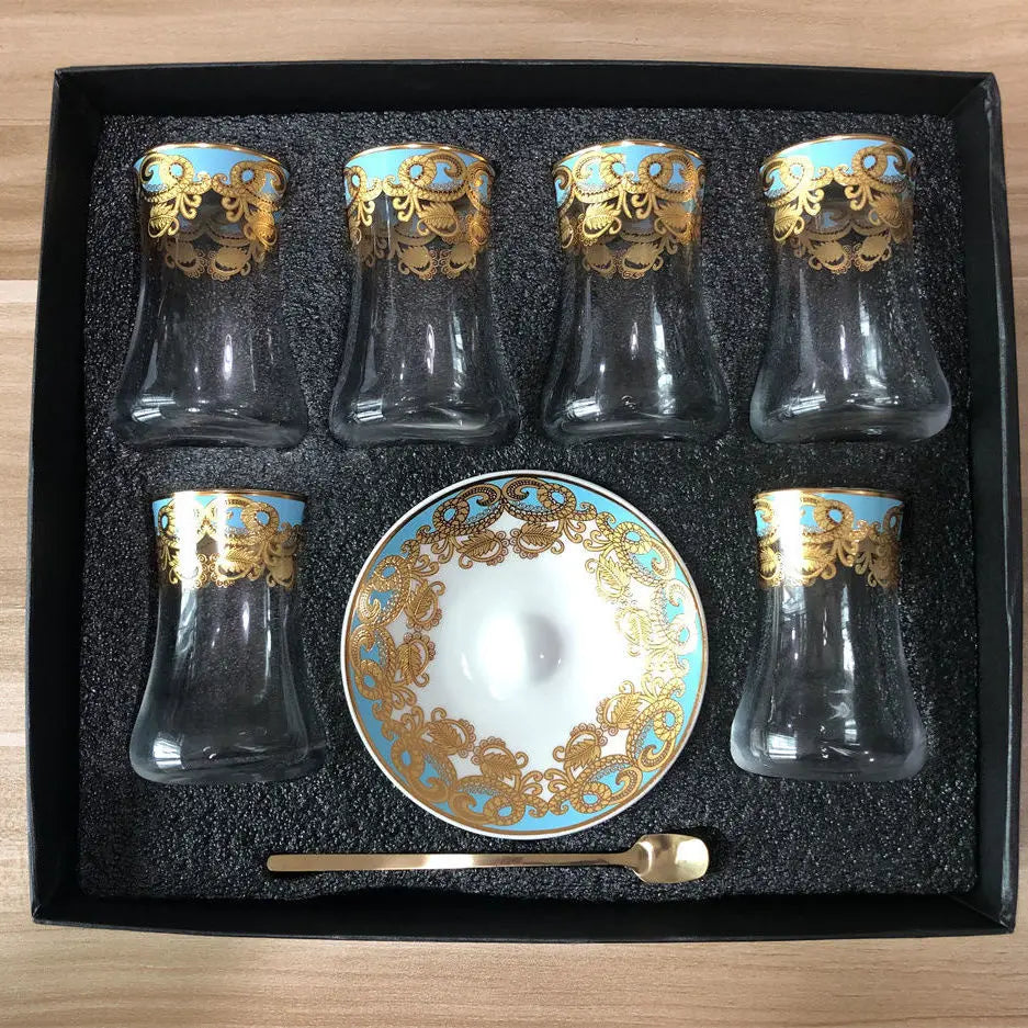 6 Sets Turkish Tea Glasses Cups Set Saucers with Spoon Coffee Cup Romantic Exotic Glass Tea Cup Kitchen Decoration Gift Box - MY RITA