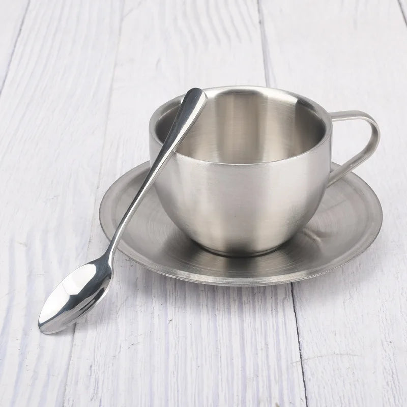 180ml/200ml Coffee Cup Double Layer Hot Resistant Coffee Cup Set Stainless Steel Tea Cup With Plate and Spoon - MY RITA