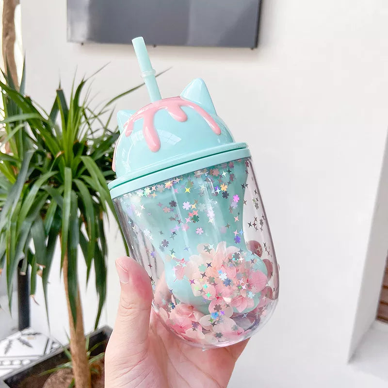 Water bottle cute cat personality paw plastic cup cute cartoon ins photo posing creative straw cup gift office school home - MY RITA