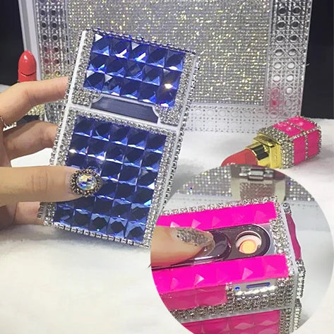 84mm Cigarette Handmade Sticky Rhinestones Metal Cigarettes Case Box With USB Chargeable Lighter And No Lighter For Women - MY RITA