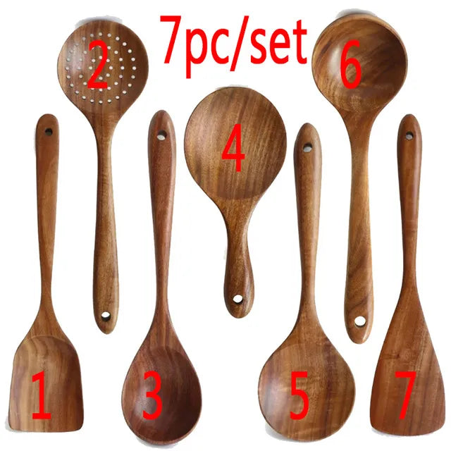 1-7 pieces/set teak tableware spoon Colander spoon Special nano soup skimming Cooking spoon Wooden kitchen accessory kit - MY RITA