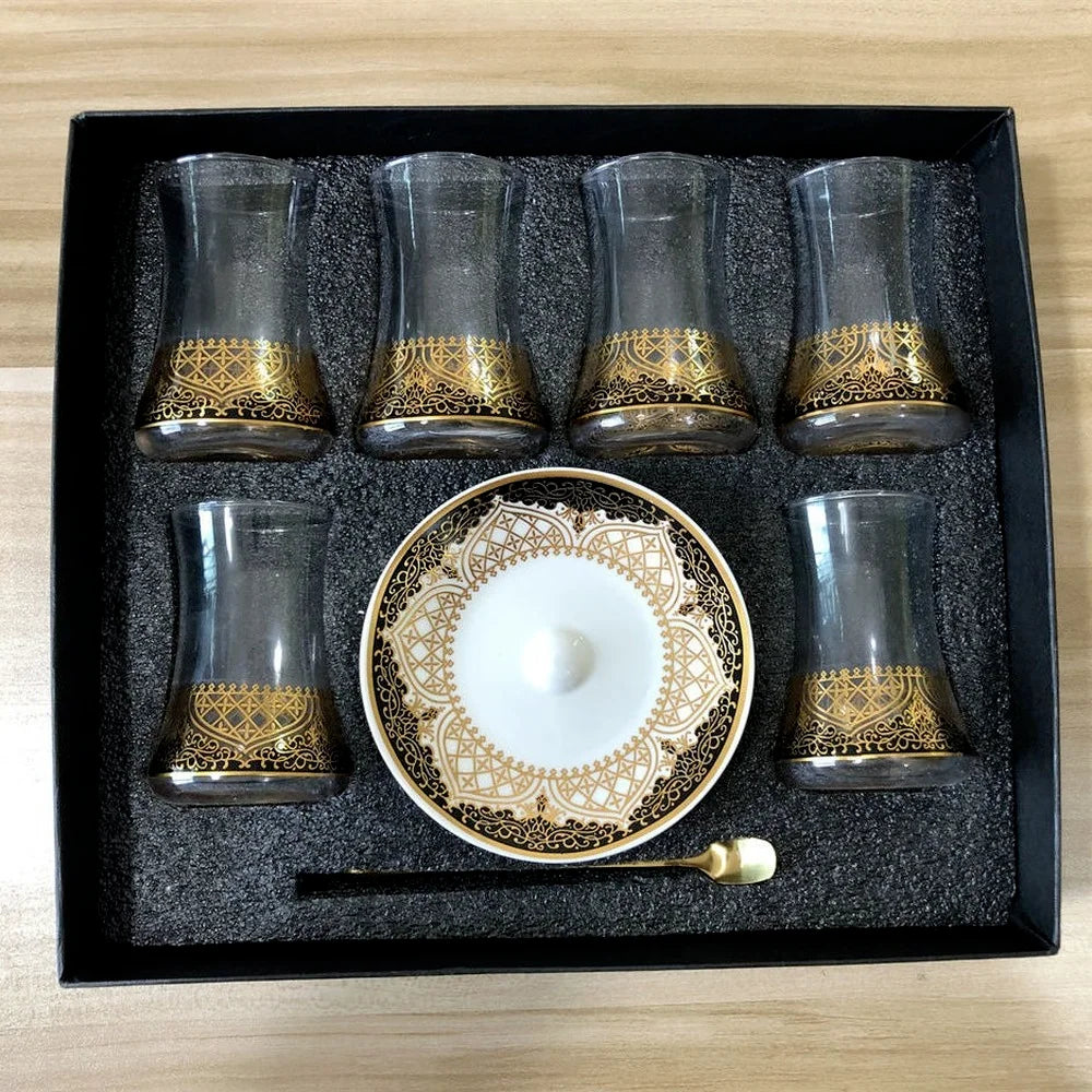 6 Sets Turkish Tea Glasses Cups Set Saucers with Spoon Coffee Cup Romantic Exotic Glass Tea Cup Kitchen Decoration Gift Box - MY RITA