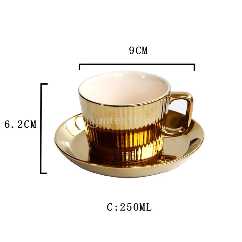 250ml Gold Plated Saucer Set Ceramic Tea Coffee European Style Espresso Office Tumbler Cup Picnic Birthday Wed Anniversary Gift - MY RITA