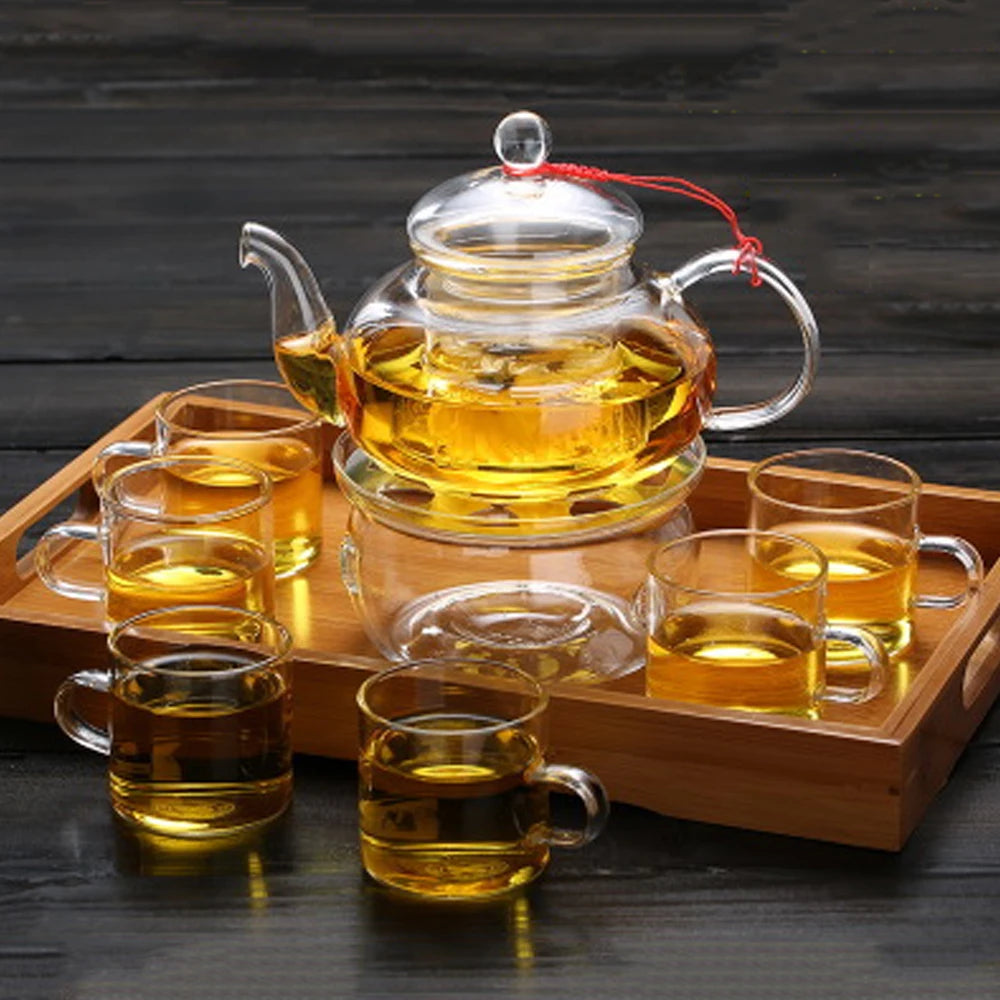 All Ready Elegant Glass Tea Set Borosilicate Glass Teapot With Cups Bamboo Tea Tray Tea SetKettle Warmer Glass Teapot Giftset - MY RITA