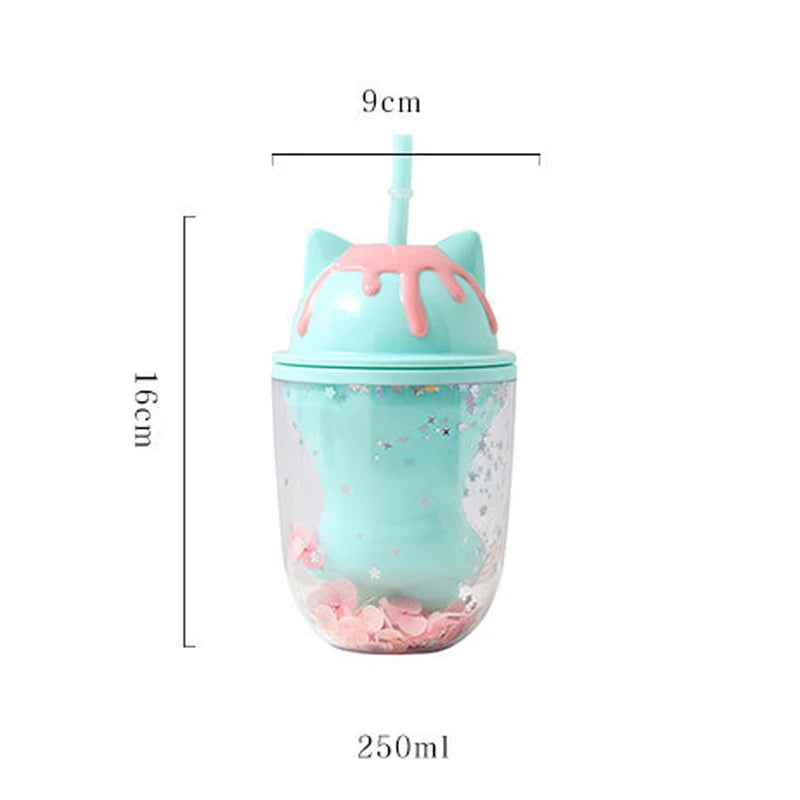 Water bottle cute cat personality paw plastic cup cute cartoon ins photo posing creative straw cup gift office school home - MY RITA
