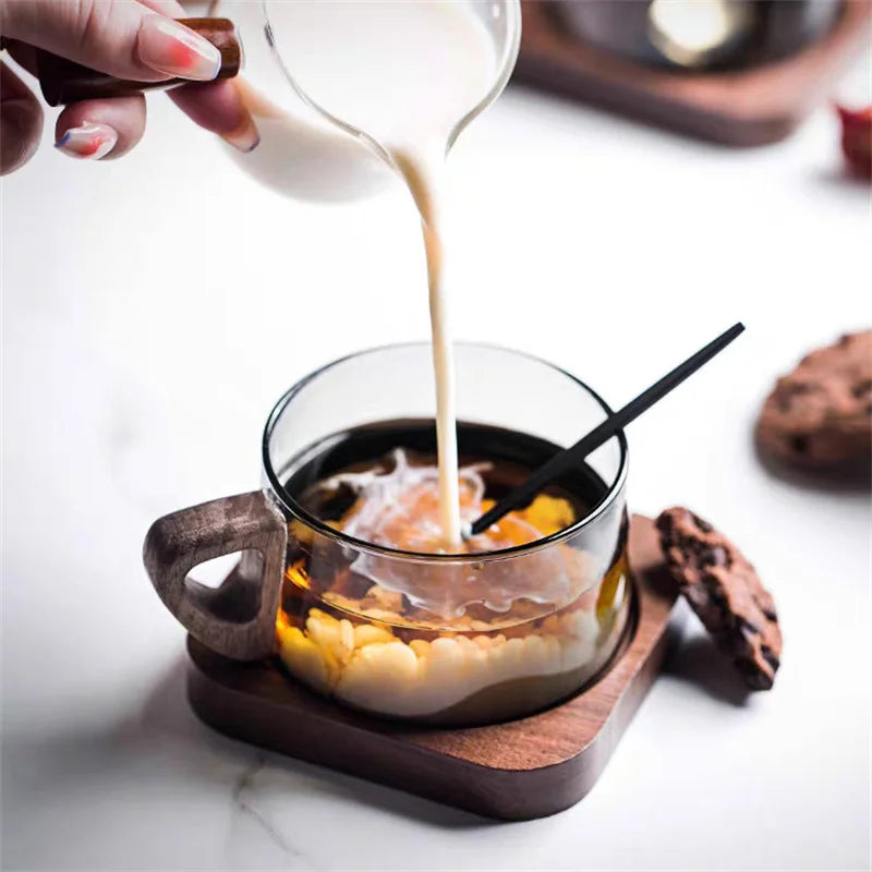 200ml Glass American Latte Coffee Cup With Wooden Tray High Borosilicate Heat-resistant Milk Tea Cup Fresh Ground Coffee Mug - MY RITA