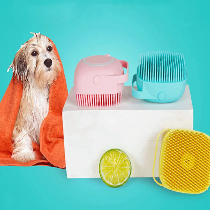 Bathroom Pet Bath Brush with Shampoo Box Soft Silicone Massage Bath Comb Puppy Kitten Cat Dog Grooming Shower Brush - MY RITA