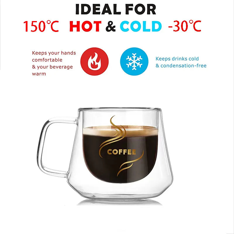 1/2pcs Double Wall Lnsulated Glass Coffee Mugs With Handle Clear Espresso Cups Home Mug For Milk Latte Cappuccino Tea Water - MY RITA