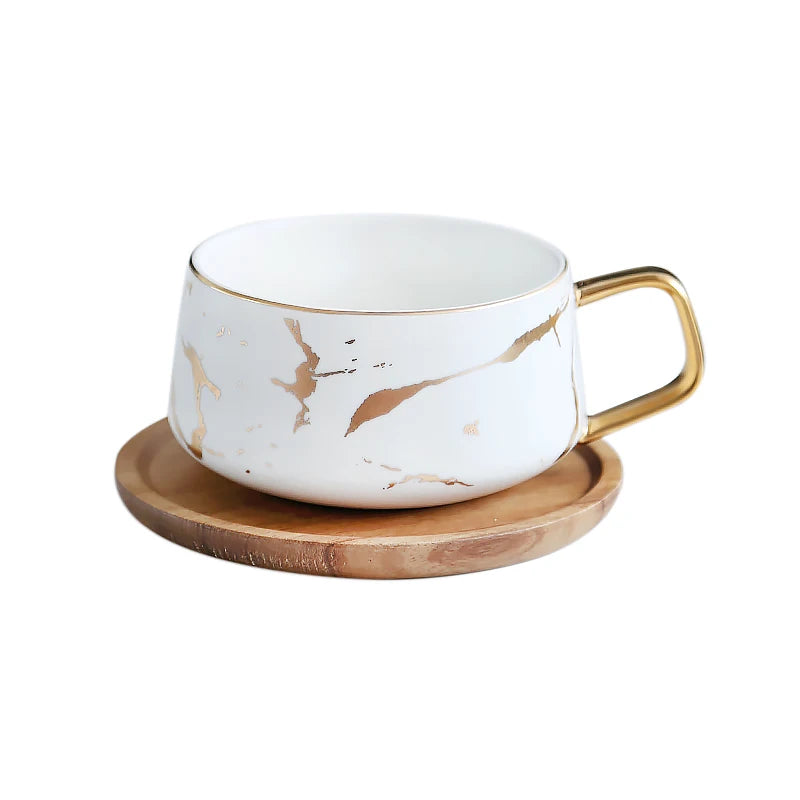 300ml Luxury matte ceramic marble tea coffee Cups and with wood Saucers black and white gold inlay ceramic cups - MY RITA