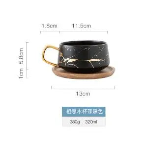 300ml Luxury matte ceramic marble tea coffee Cups and with wood Saucers black and white gold inlay ceramic cups - MY RITA