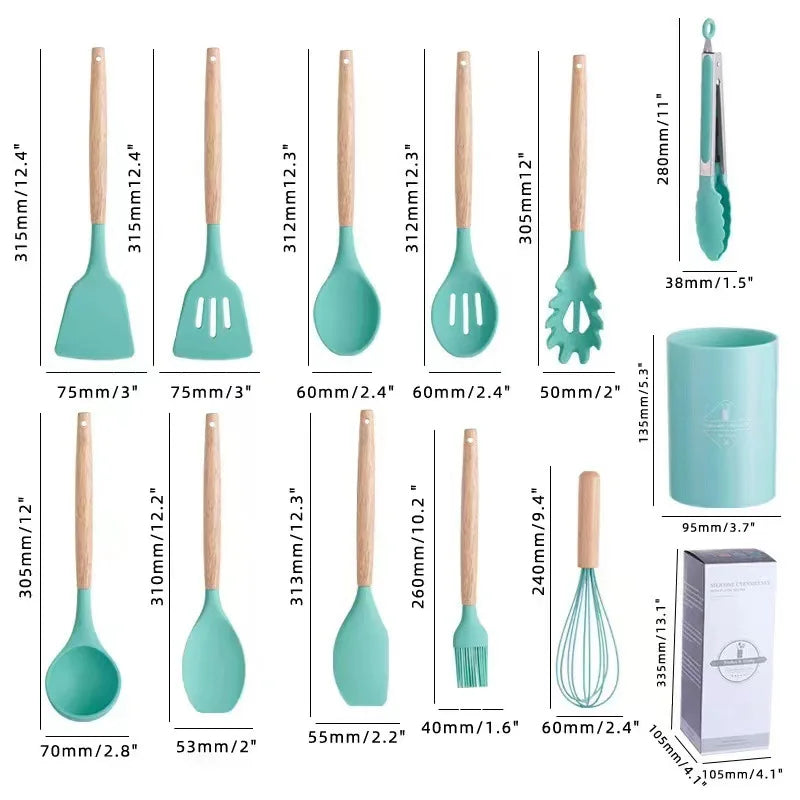 12Pcs Silicone Cooking Utensils Set Wooden Handle Kitchen Cooking Tool Non-stick Cookware Spatula Shovel Egg Kitchenware Beaters - MY RITA