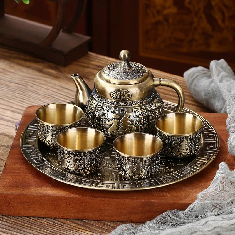 6-piece European-style bronze tea set retro metal teapot teacup set alloy teacup wine glass with tray teapot birthday gift box - MY RITA
