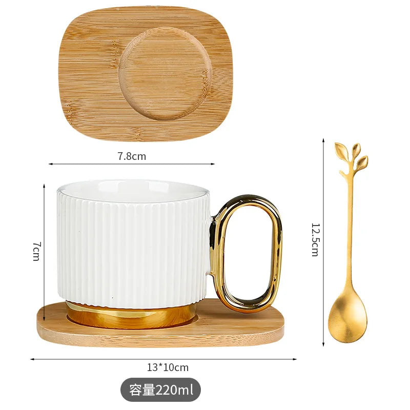 220ml Simple Household Ceramic Cup With Spoon Plate Set Gold And Silver Handle Luxury Office High Temperature Resistance Mug - MY RITA