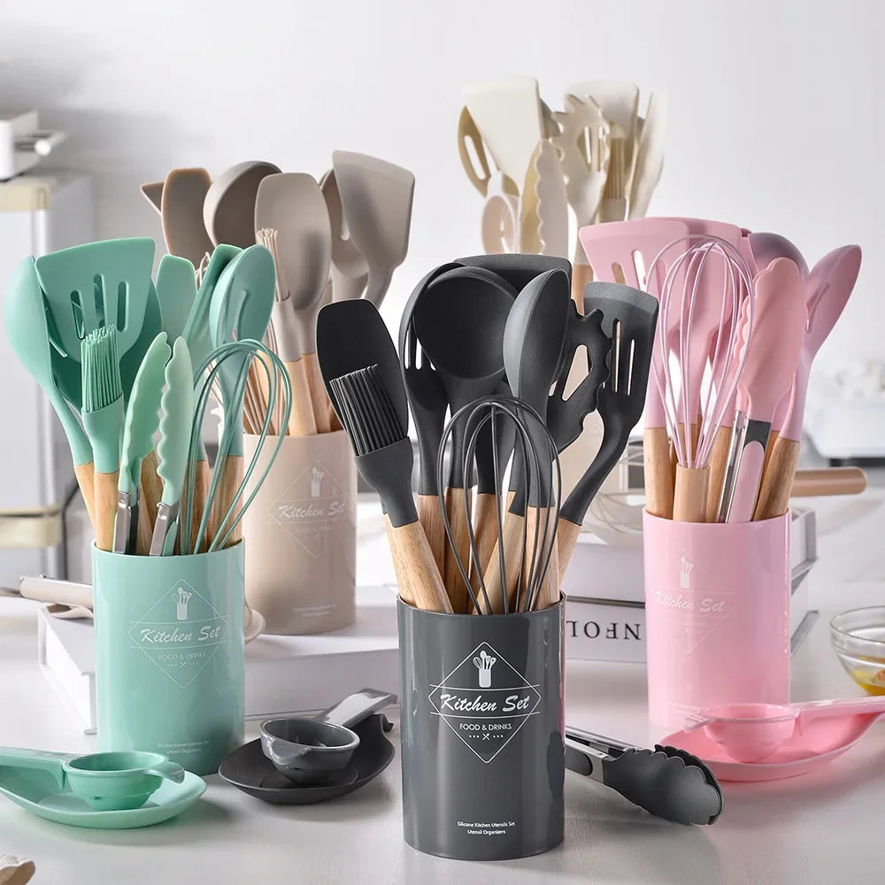 12Pcs Silicone Cooking Utensils Set Wooden Handle Kitchen Cooking Tool Non-stick Cookware Spatula Shovel Egg Kitchenware Beaters - MY RITA