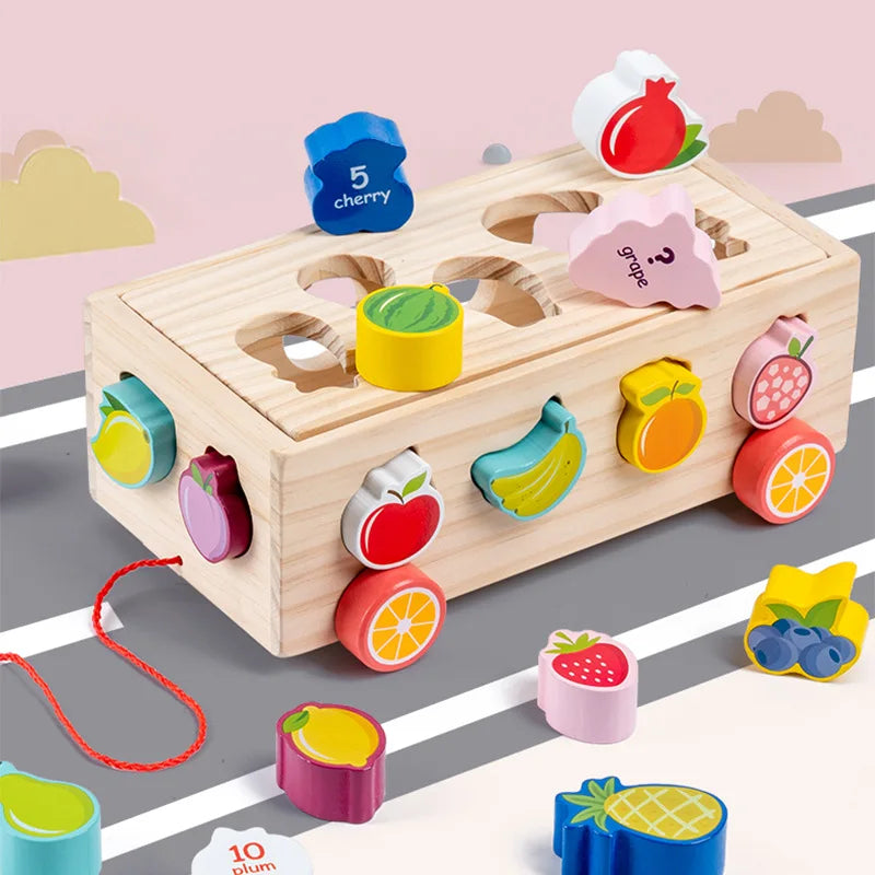 Wooden Peg Sorting and Matching Board Colors and Shapes Sorter Fruit Jigsaw Toys Drag Car Storage for Toddlers Kids - MY RITA